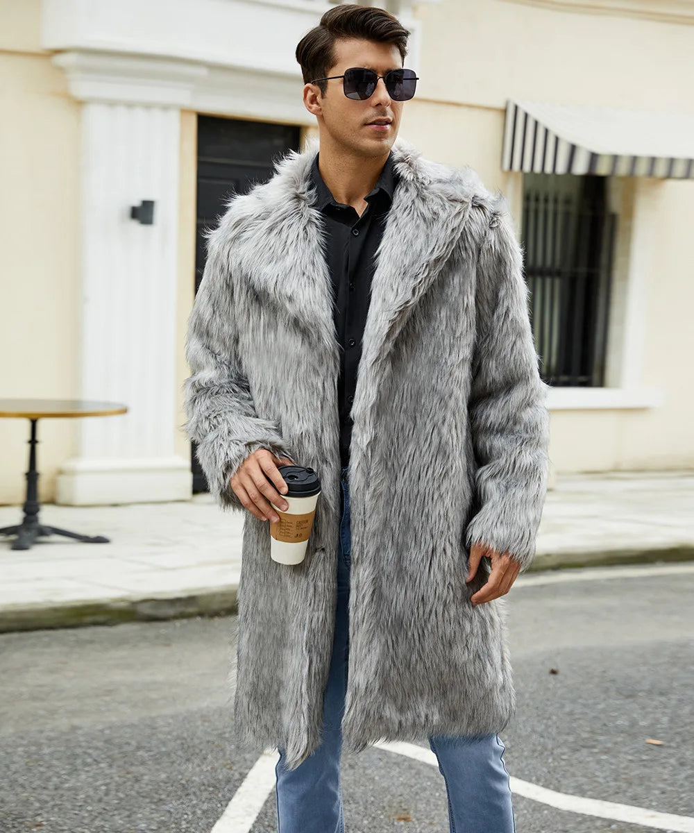 Men Long Faux Fur Coat Jacket Thick Warm Coats Turn Down Collar Full Sleeve Spli - Back View