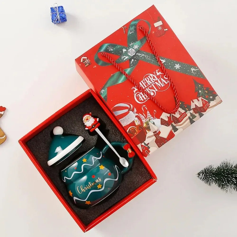 Ceramic Christmas Mug with Lid Spoon Cute Cartoon Coffee Cup New Year - Packaging View