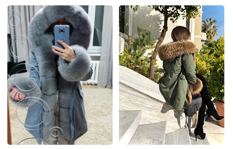 MAOMAOKONG 2024 Winter Women Coat Natural Fox Fur Collar Cuff Black Jackets Outw - View 15