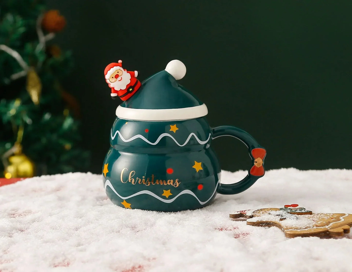 Ceramic Christmas Mug with Lid Spoon Cute Cartoon Coffee Cup New Year - Interior View