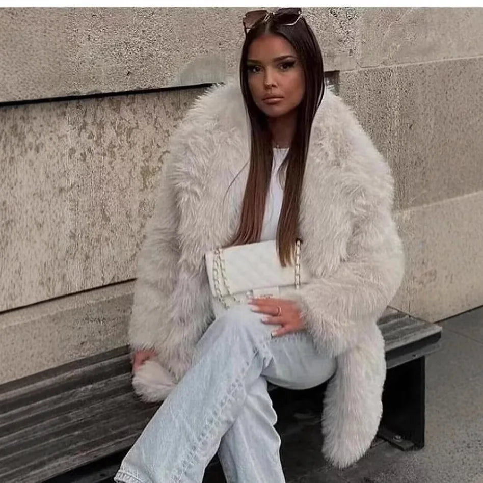Faux Fur Coats Women Mid Length Turn Down Collar Coat Thick Warm Y2k Streetwear - Detail View