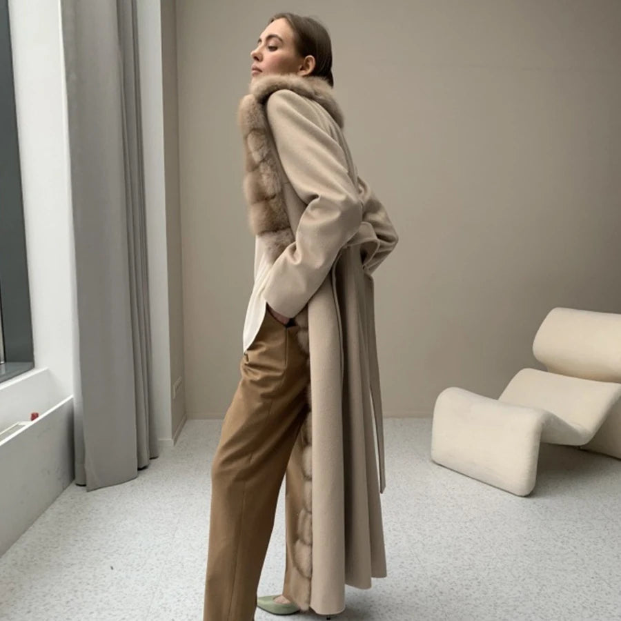 Winter New Cashmere Wool Coat Natural Fox Fur Warm Winter Jackets Fur Coat Women - Detail View