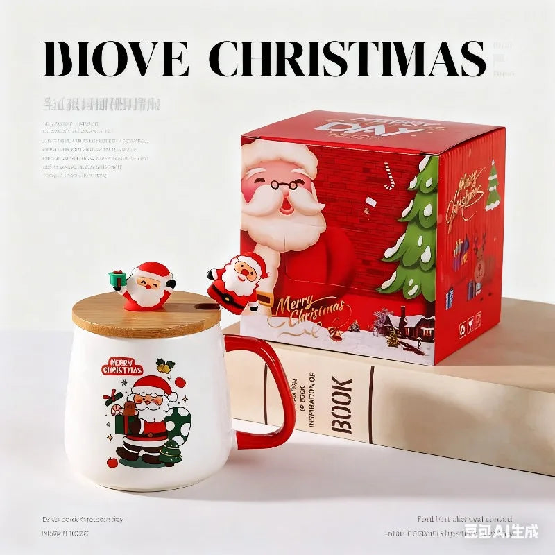 In stock Cute Christmas Gift Ceramic Mug with Lid and Spoon - High-value Santa C - View 6