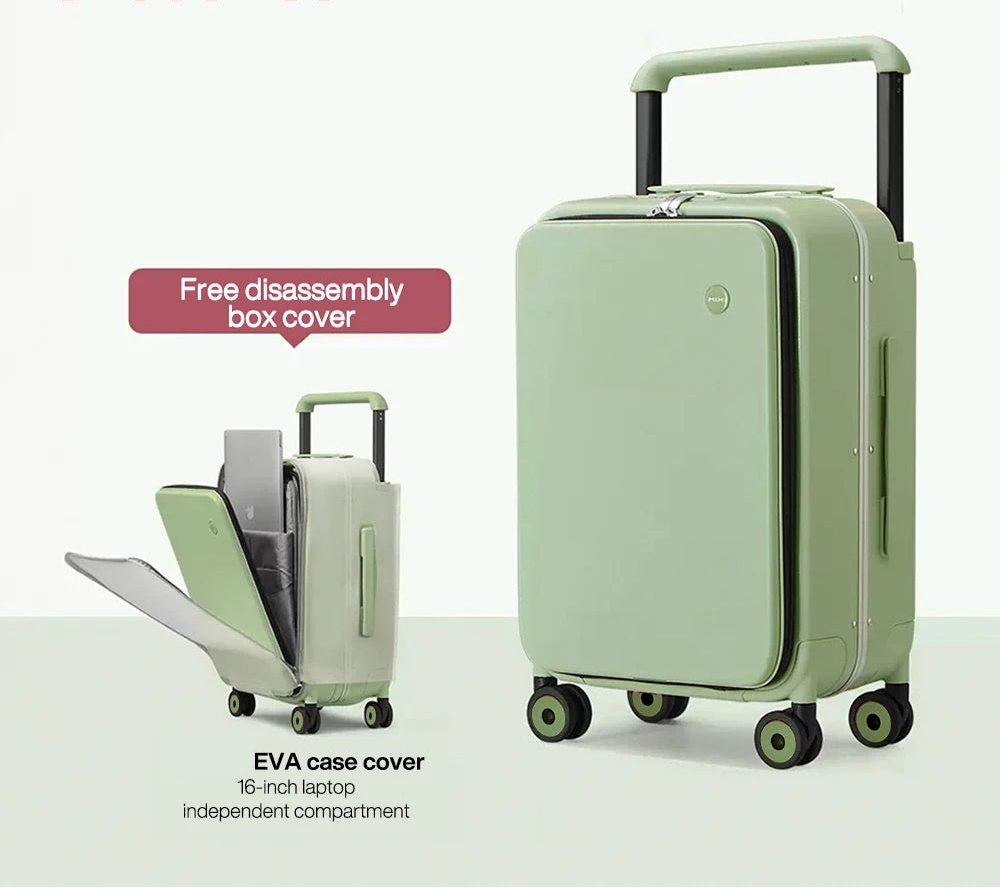 Green suitcase with a free disassembly box cover feature, displayed on a white background.