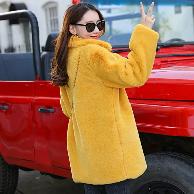 2023 New Women Winter Warm Faux Fur Coat Thick Women Middle -Long Over - Side View