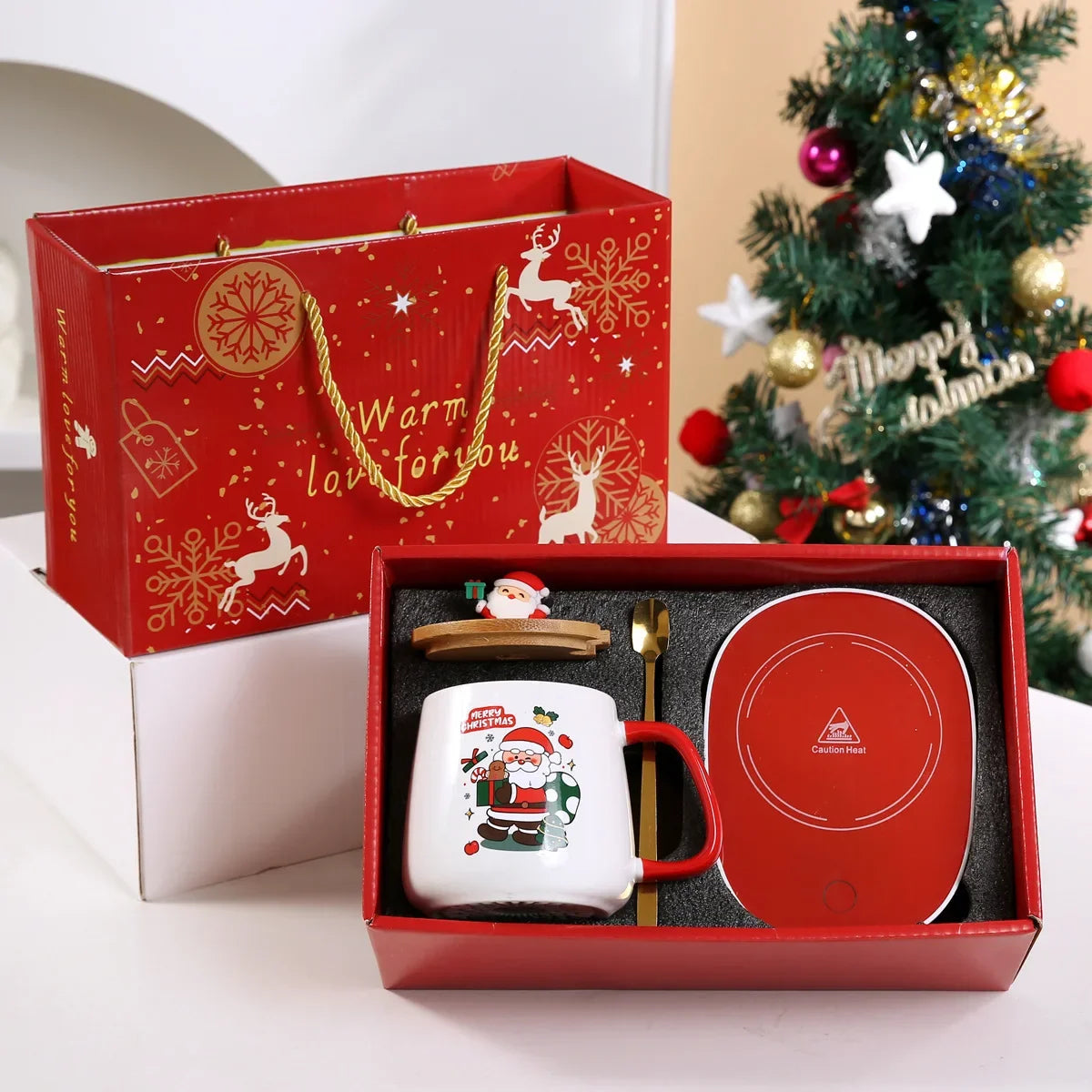 2025 Christmas Gift Set: Warm 55℃ Ceramic Mug with Lid featuring Santa - Full Setup View
