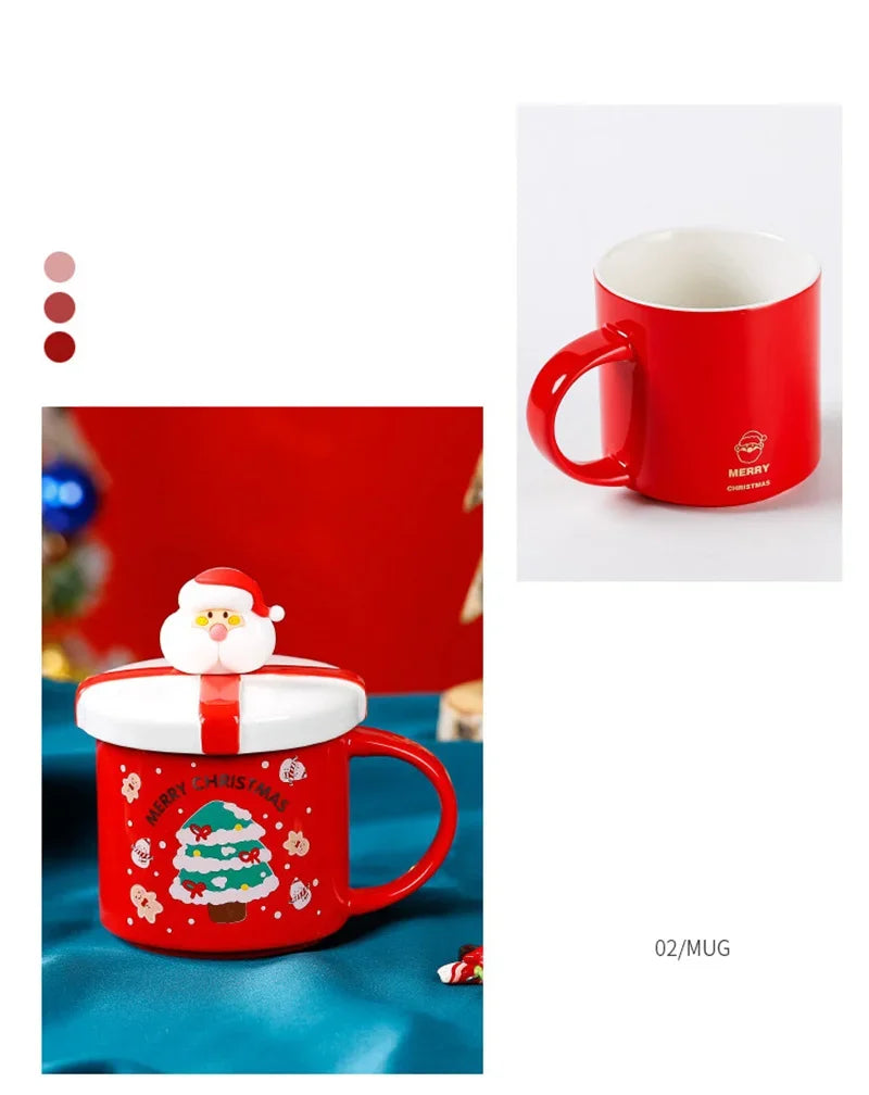 Christmas Mug With Lid and Spoon Santa Claus Ceramic Coffee Cup Elk Sn - Pattern Detail
