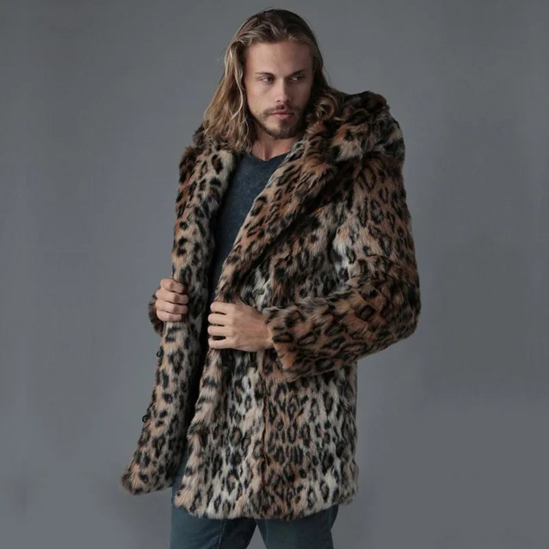 Men Faux Fur Jacket Winter Coat Thick Hooded Leopard Print Mid Length Warm Ears - View 14