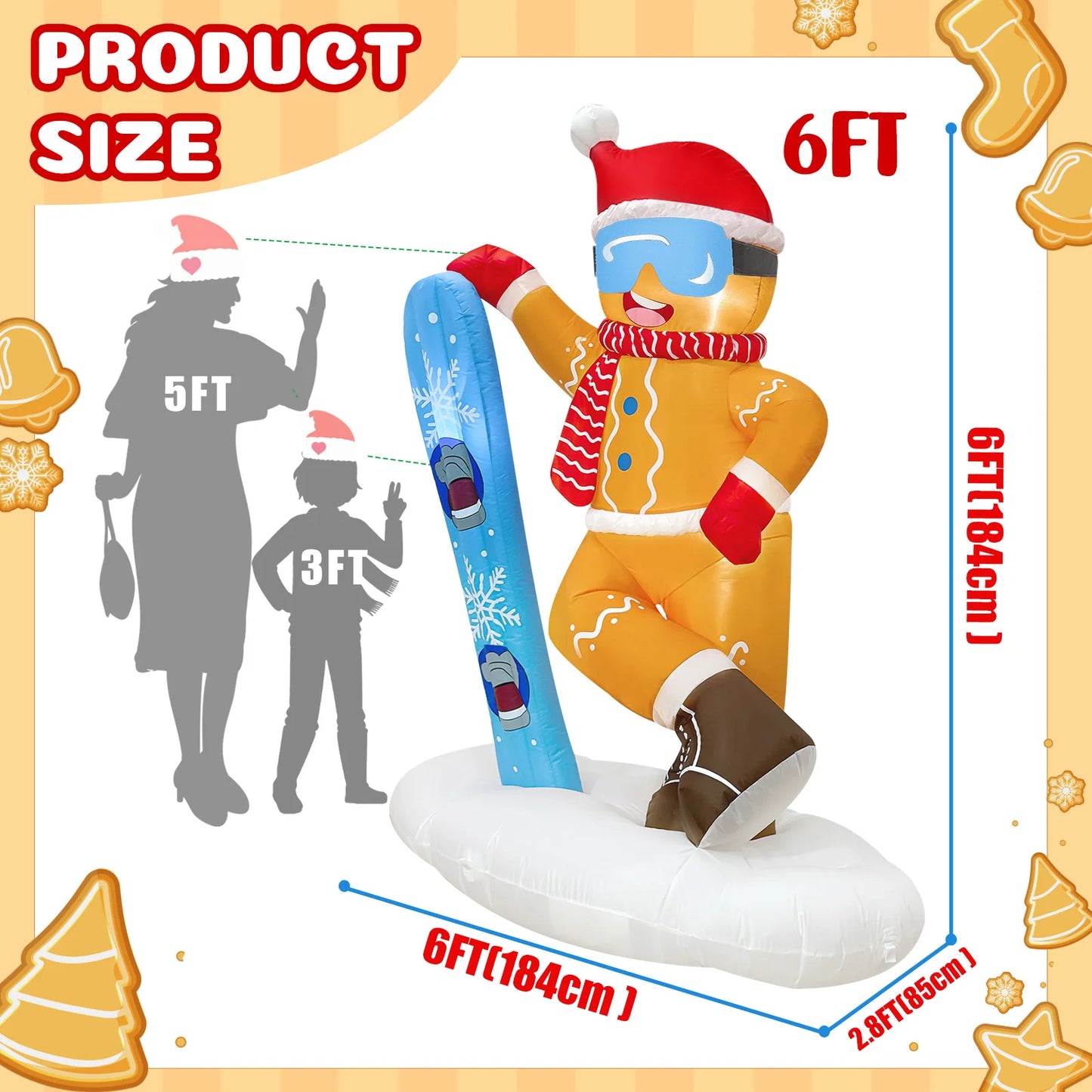 OurWarm 6FT Christmas Inflatable Outdoor Decoration, Cute Skiing Gingerbread Man - Detail View
