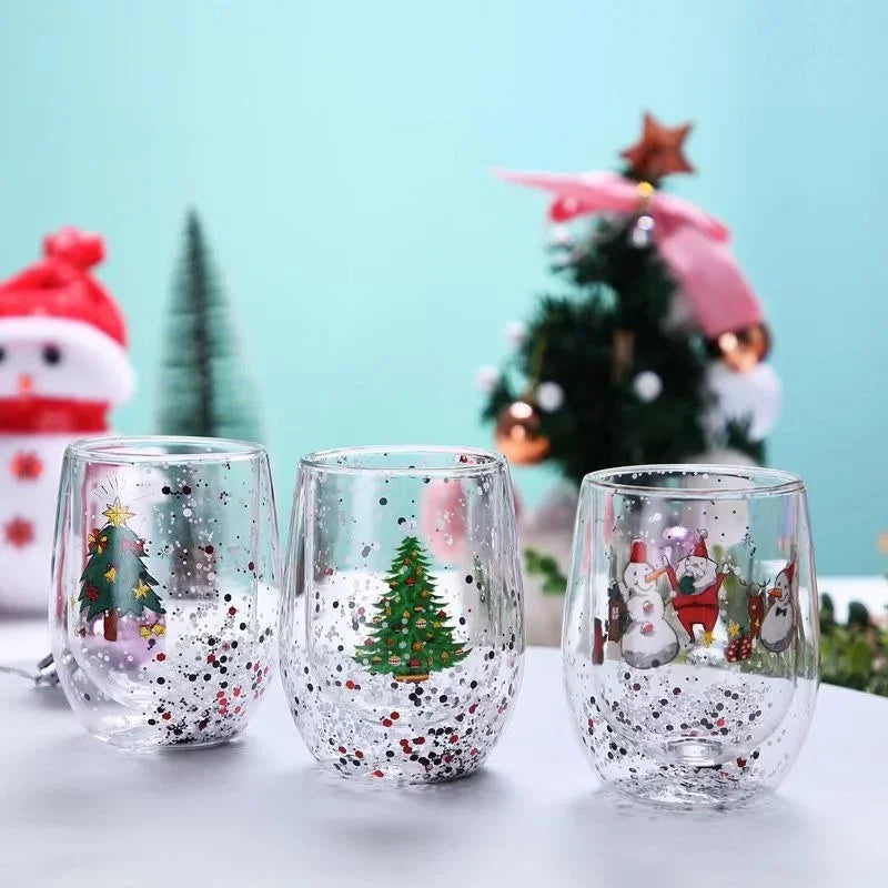 Christmas Double Wall Glass Cup Heat-resistant Water Cup Christmas Tre - Front View