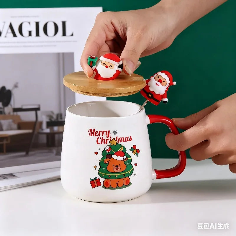 In stock Cute Christmas Gift Ceramic Mug with Lid and Spoon - High-value Santa C - View 5