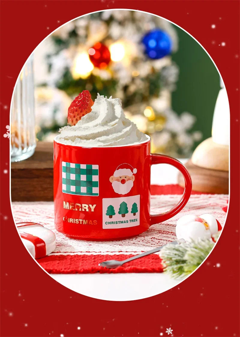 Christmas Mug With Lid and Spoon Santa Claus Ceramic Coffee Cup Elk Sn - Lifestyle View