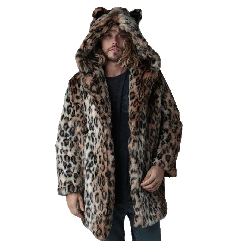 Men Faux Fur Jacket Winter Coat Thick Hooded Leopard Print Mid Length Warm Ears - View 6