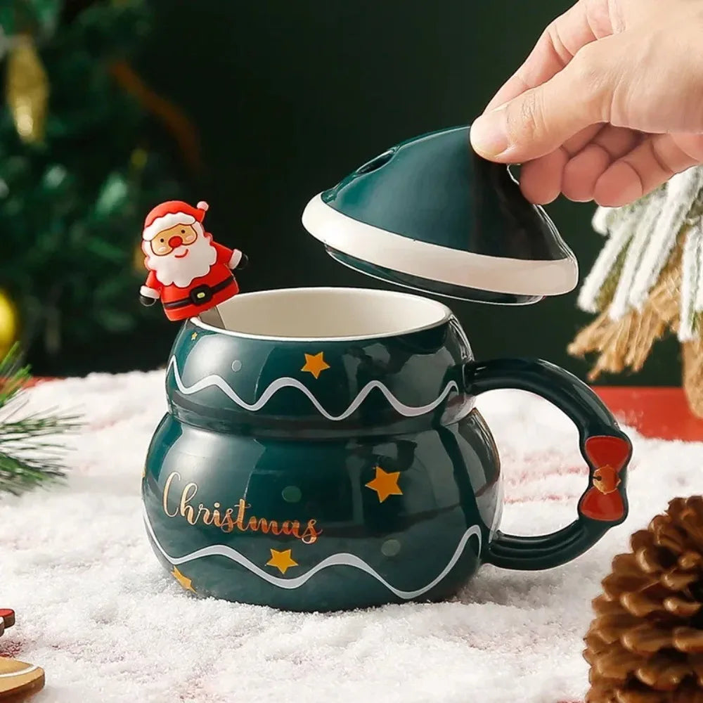 Ceramic Christmas Mug with Lid Spoon Cute Cartoon Coffee Cup New Year - Back View