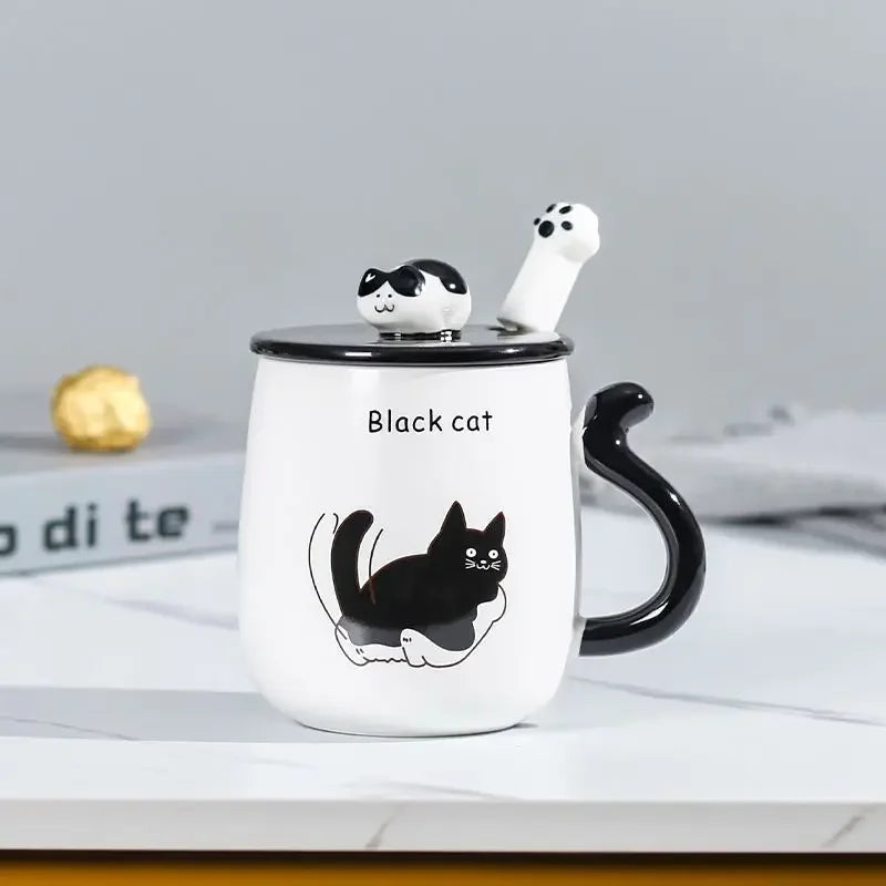 Cartoon Cat Ceramic Mug, Birthday Gift Cute Coffee Cup with Lid, Tail - View 22