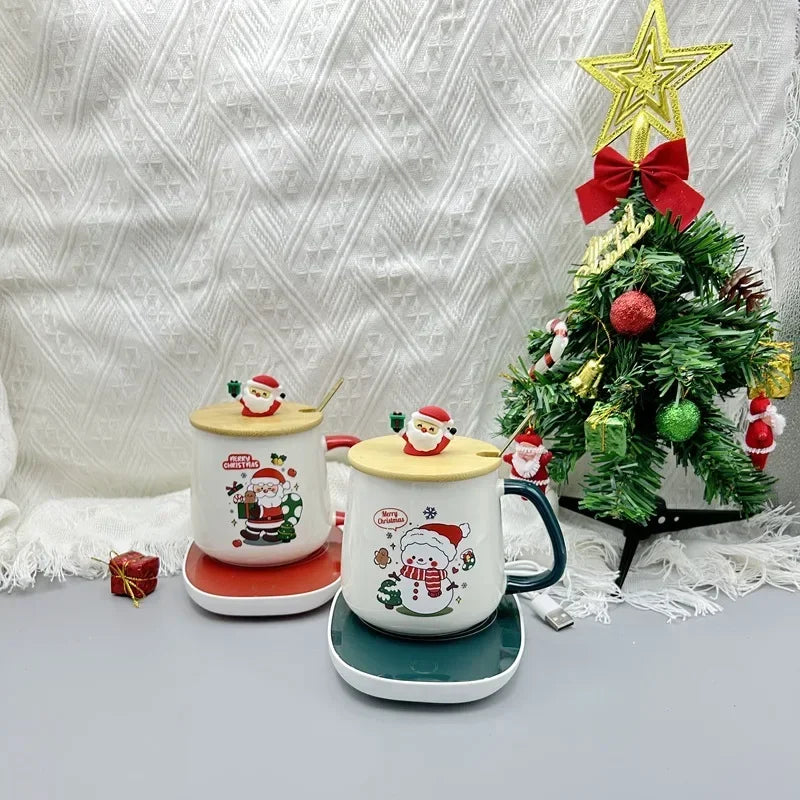 2025 Christmas Gift Set: Warm 55℃ Ceramic Mug with Lid featuring Santa - Alternative Angle