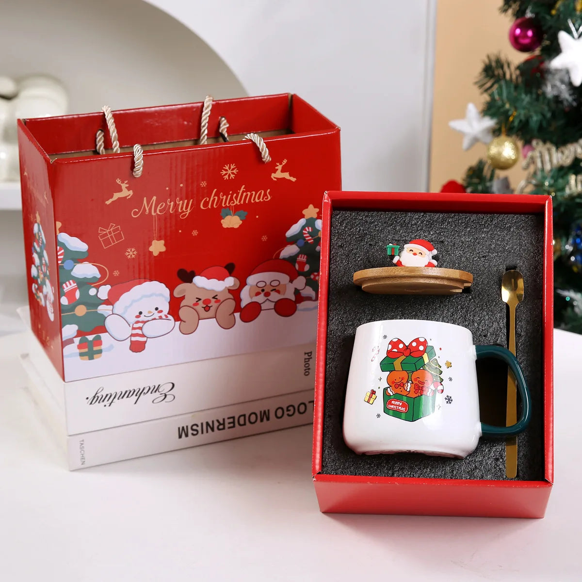 New Merry Christmas Gifts Kit Wooden Lid Santa Claus Pattern Ceramic Mug Snowman - View 22