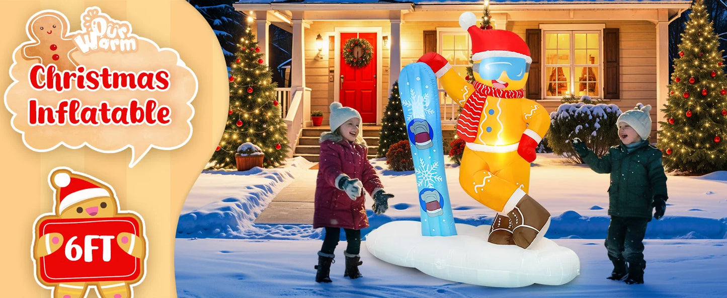 OurWarm 6FT Christmas Inflatable Outdoor Decoration, Cute Skiing Gingerbread Man - View 7