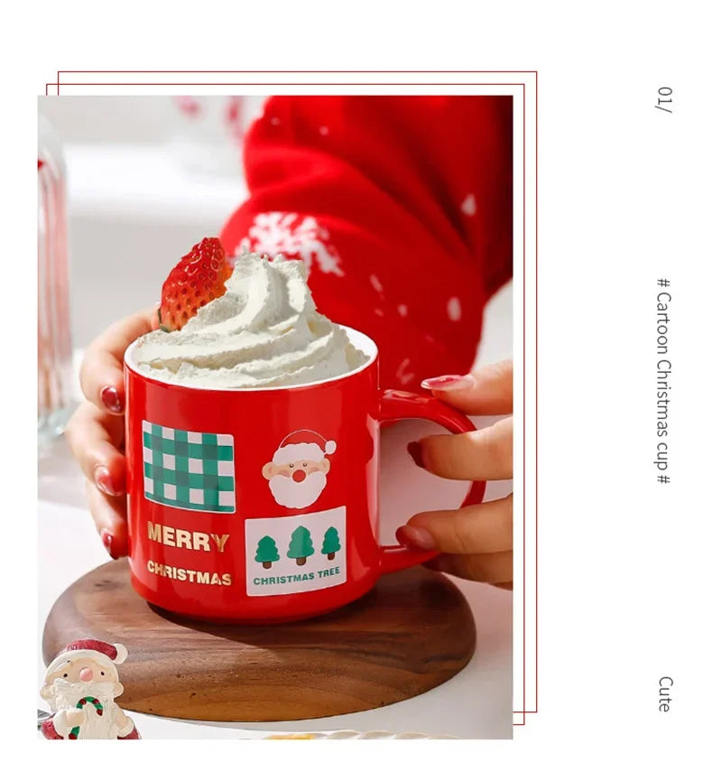 Christmas Mug With Lid and Spoon Santa Claus Ceramic Coffee Cup Elk Sn - Color Variant