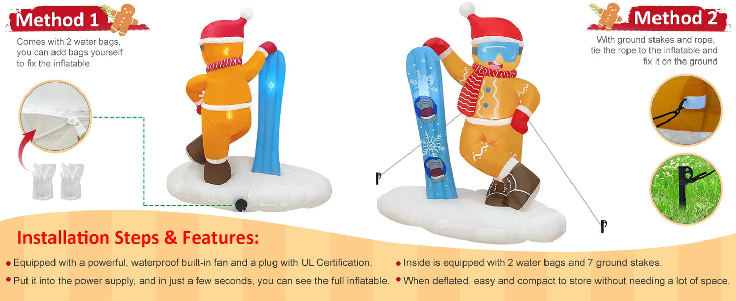 OurWarm 6FT Christmas Inflatable Outdoor Decoration, Cute Skiing Gingerbread Man - View 9