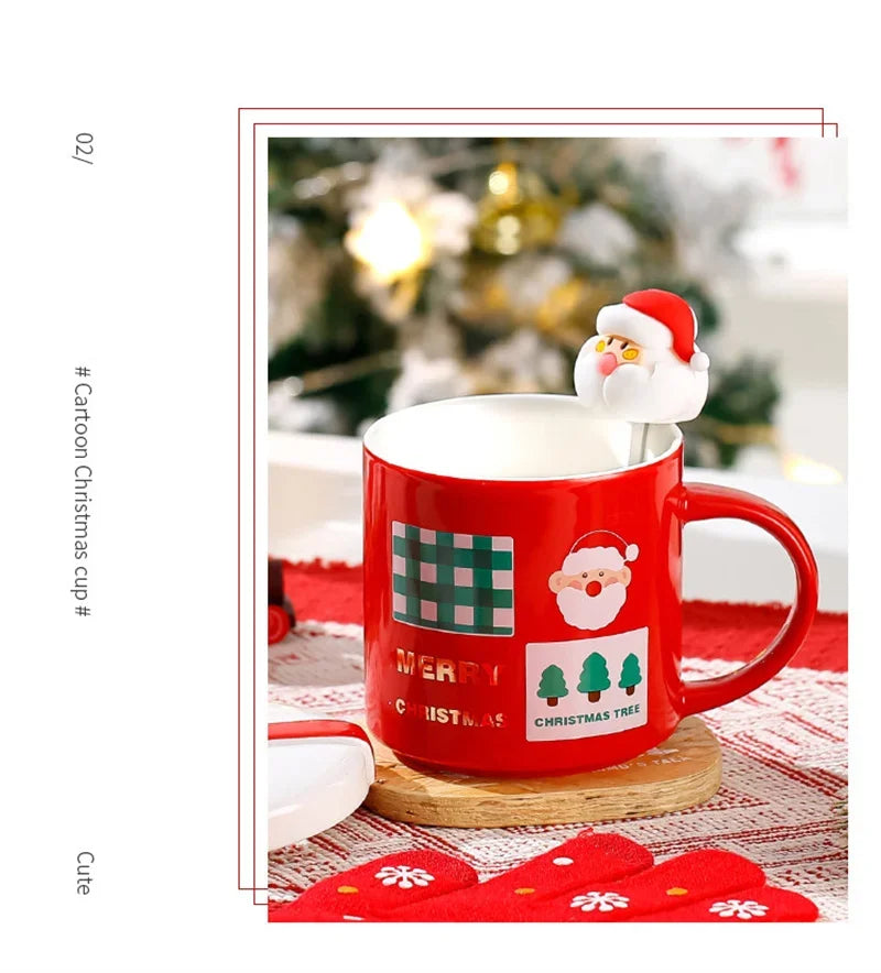 Christmas Mug With Lid and Spoon Santa Claus Ceramic Coffee Cup Elk Sn - Full View