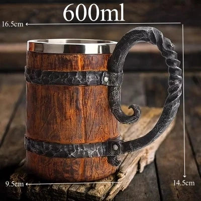 600ml Viking Wood style Beer Mug Christmas Gift Simulation Wooden Barr - Interior View