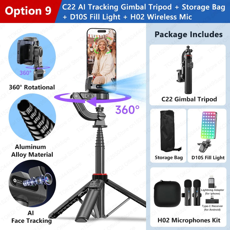 AI Tracking Deskpot Gimbal Tripod with Extendable Selfie Stick for Mob - View 54