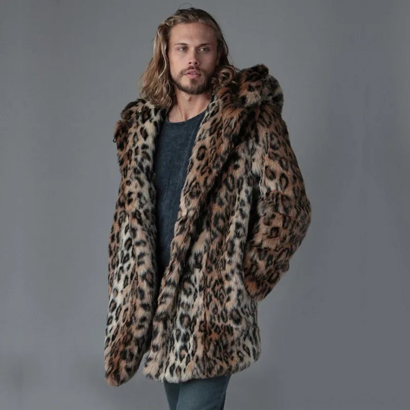 Men Faux Fur Jacket Winter Coat Thick Hooded Leopard Print Mid Length Warm Ears - View 8
