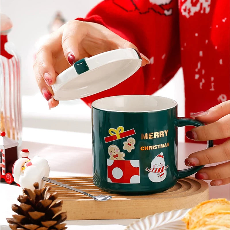 Christmas Mug With Lid and Spoon Santa Claus Ceramic Coffee Cup Elk Sn - Close-up View