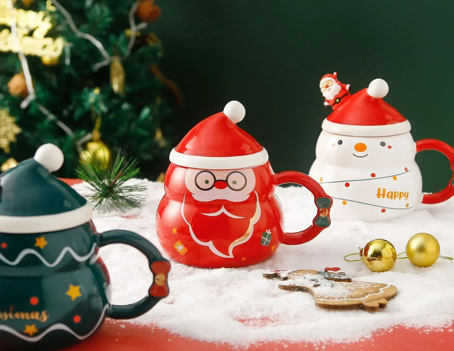 Ceramic Christmas Mug with Lid Spoon Cute Cartoon Coffee Cup New Year - Color Variant