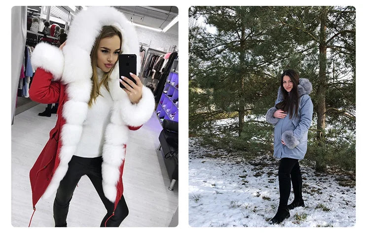 MAOMAOKONG 2024 Winter Women Coat Natural Fox Fur Collar Cuff Black Jackets Outw - View 17