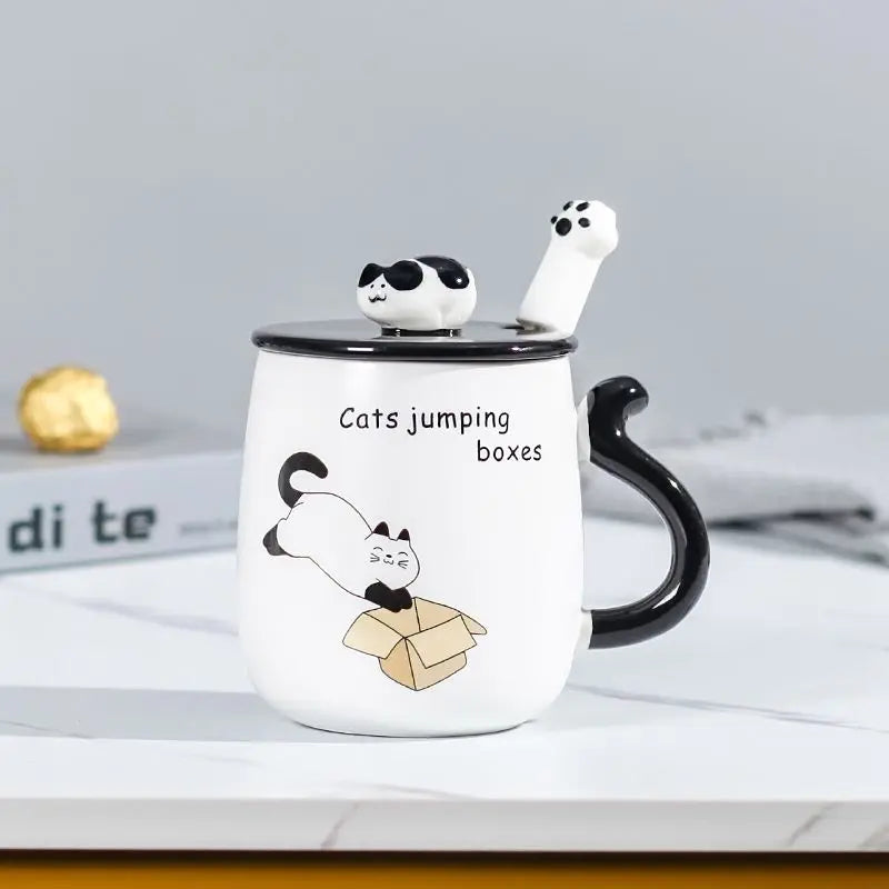 Cartoon Cat Ceramic Mug, Birthday Gift Cute Coffee Cup with Lid, Tail - View 21