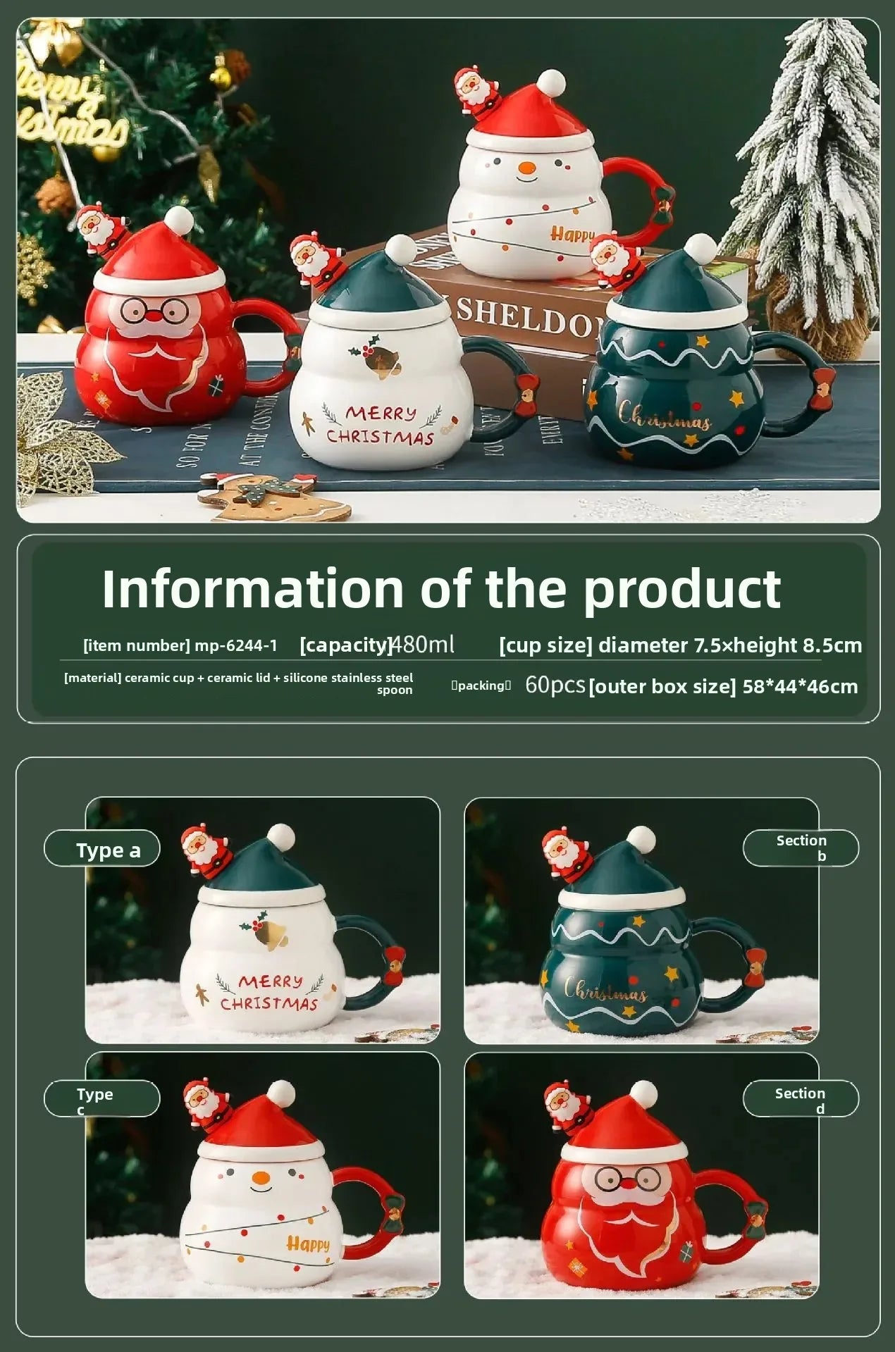 Ceramic Christmas Mug with Lid Spoon Cute Cartoon Coffee Cup New Year - Detail View