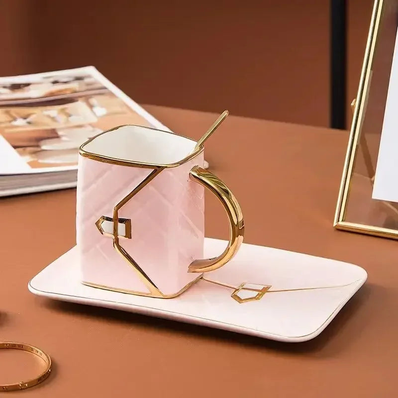 Creative Light Luxury Bag Shaped Ceramic Mug Personalized Coffee Cup Plate Set Home Drinking Cup Girl Gift Home Decoration...