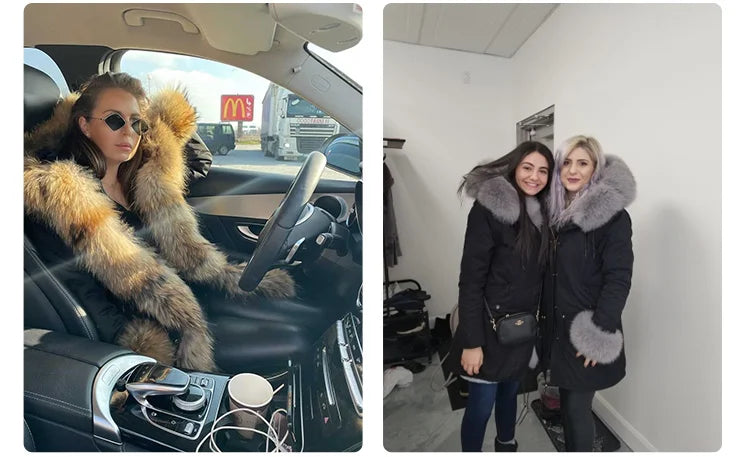 MAOMAOKONG 2024 Winter Women Coat Natural Fox Fur Collar Cuff Black Jackets Outw - View 16