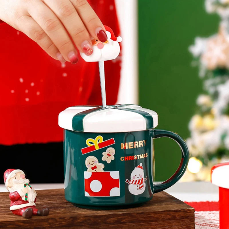 Christmas Mug With Lid and Spoon Santa Claus Ceramic Coffee Cup Elk Sn - Detail View