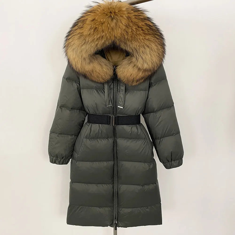 OFTBUY New Winter 2024 Real Fur Coat Women Warm 90 White Duck Down Coat Hooded N - Main View
