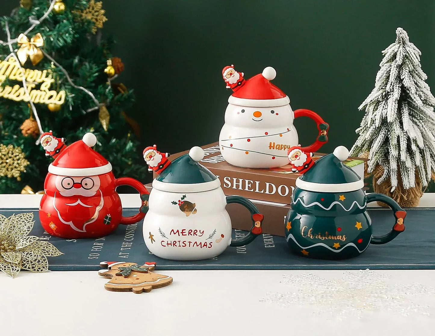 Ceramic Christmas Mug with Lid Spoon Cute Cartoon Coffee Cup New Year - Usage View