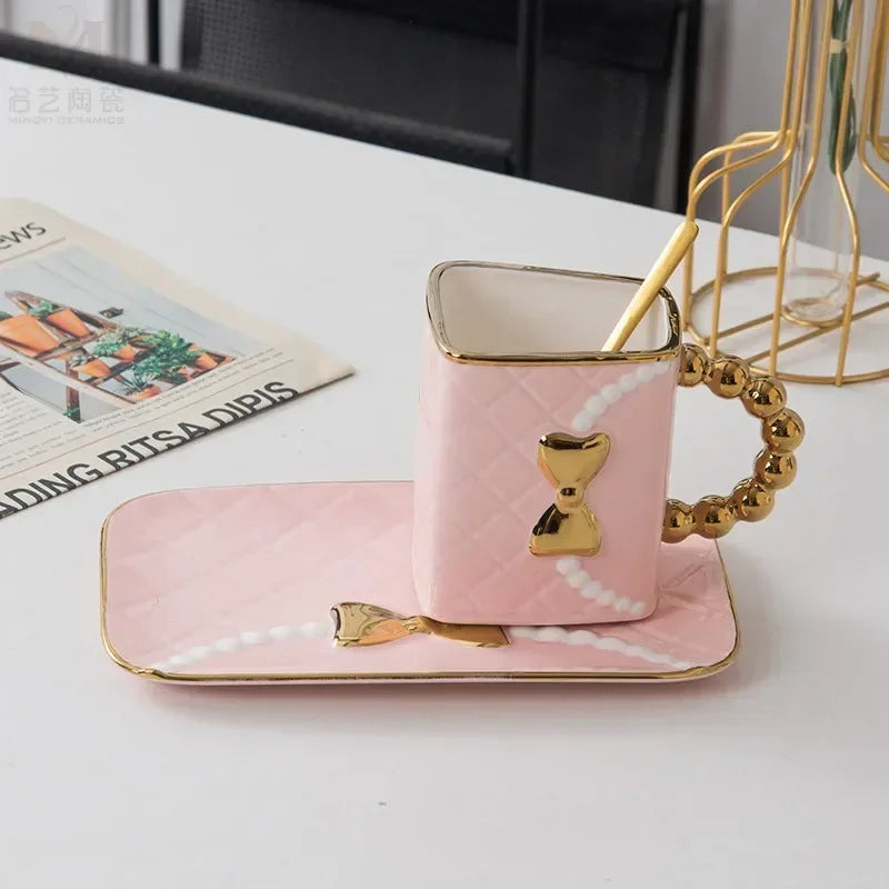 Creative Light Luxury Bag Shaped Ceramic Mug Personalized Coffee Cup Plate Set Home Drinking Cup Girl Gift Home Decoration...
