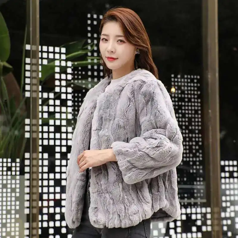 Real Rabbit Fur Coat Women Winter Jacket Short Loose Size Thick Warm Fluffy Coat - Detail View