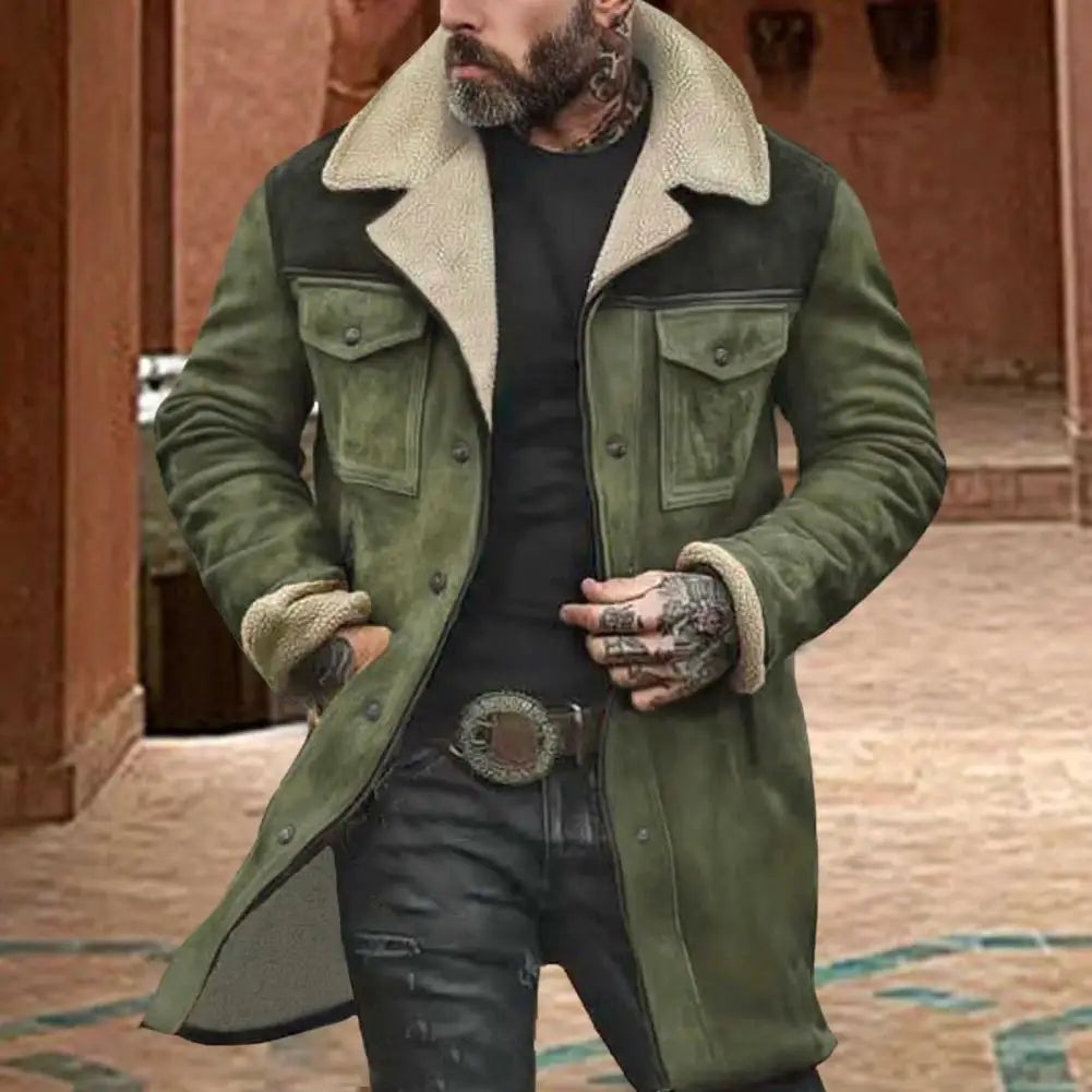 Suede Men Jacket Plush Lamb Wool Lining Lapel Winter Jacket Vintage Sheepskin Sh - Detail View