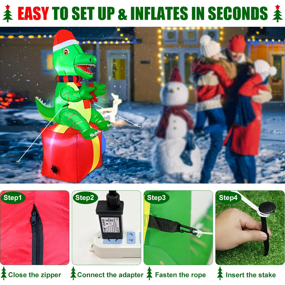 6FT Dinosaur Christmas Inflatables Outdoor Decorations Xmas Blow Up Ya - Detail View