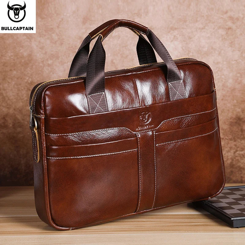 BULLCAPTAIN Leather Laptop Bag, Top Layer Leather 15" Laptop Bag Men's - Construction Detail