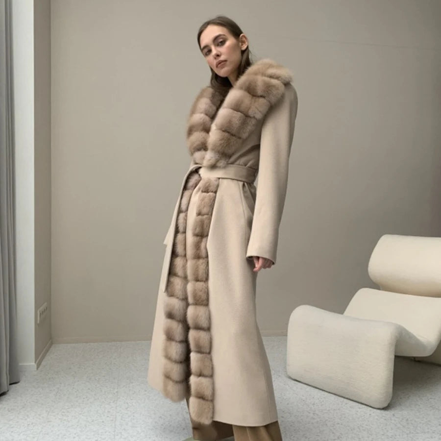 Winter New Cashmere Wool Coat Natural Fox Fur Warm Winter Jackets Fur Coat Women - Main View