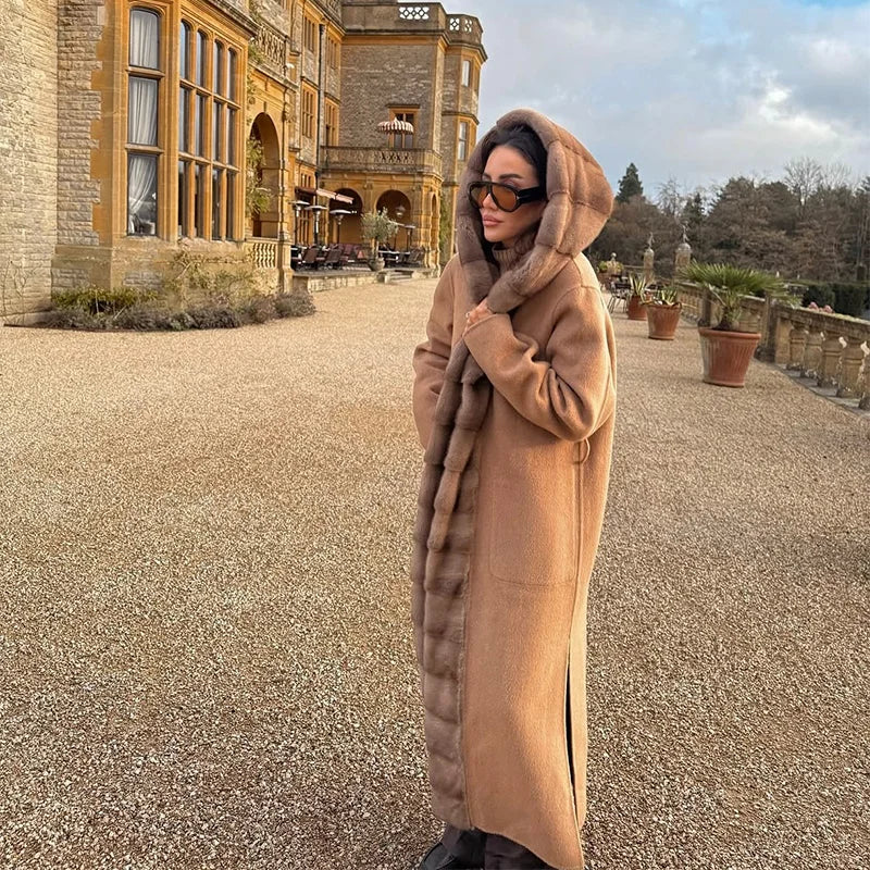 2025 New Fashion Winter Fur Collar Cashmere Wool Jacket Women Belted O - Alternative Angle