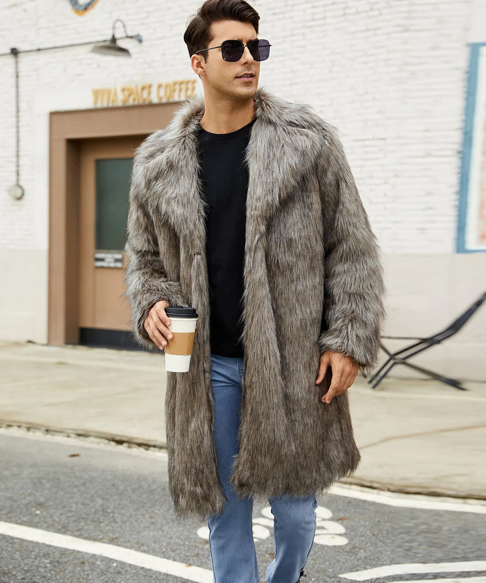 Men Long Faux Fur Coat Jacket Thick Warm Coats Turn Down Collar Full Sleeve Spli - View 8
