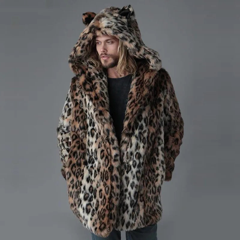 Men Faux Fur Jacket Winter Coat Thick Hooded Leopard Print Mid Length Warm Ears - View 16