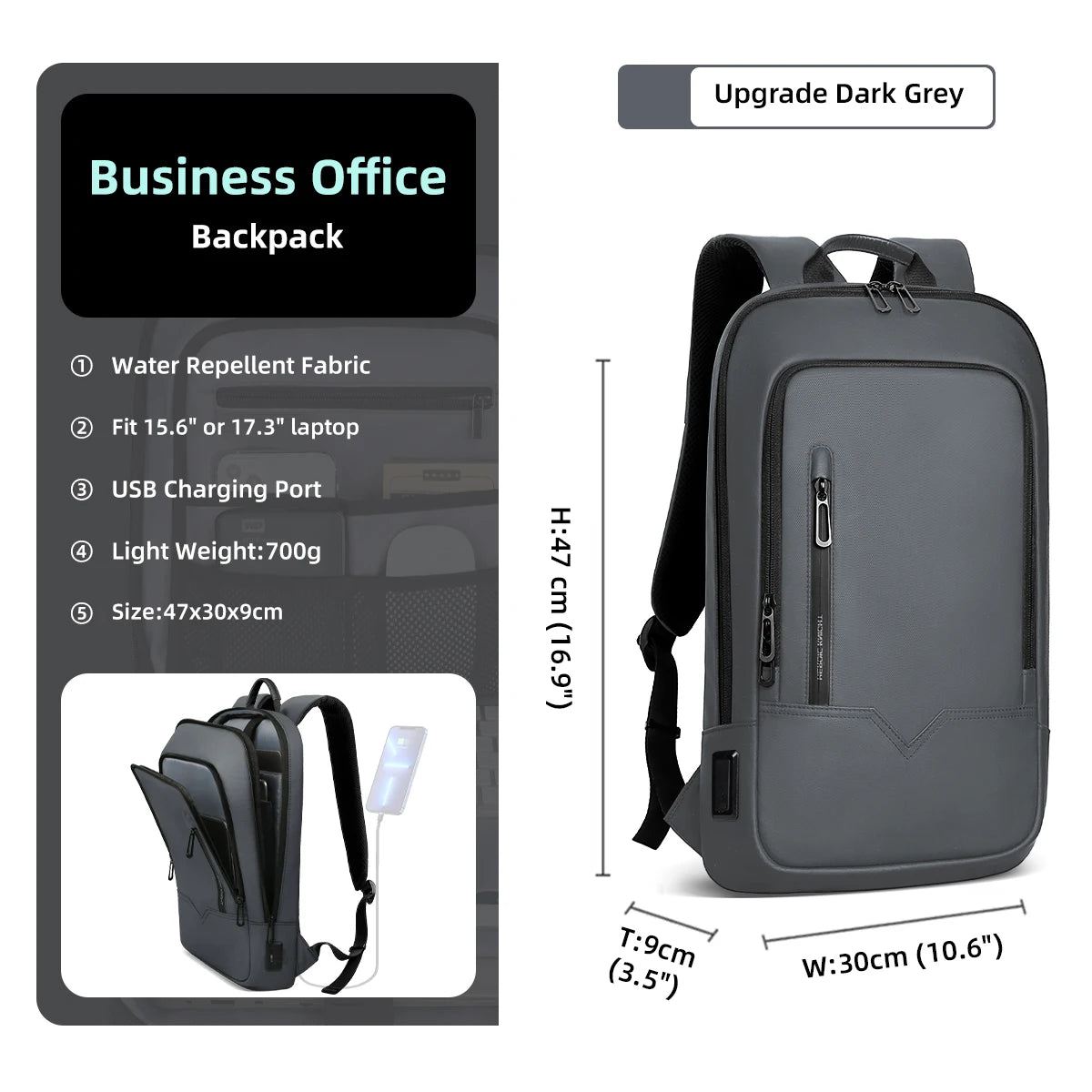 HK Slim Backpack For Men 15.6 Inch Laptop Bags Waterproof Minimalist Business Ba - Back View
