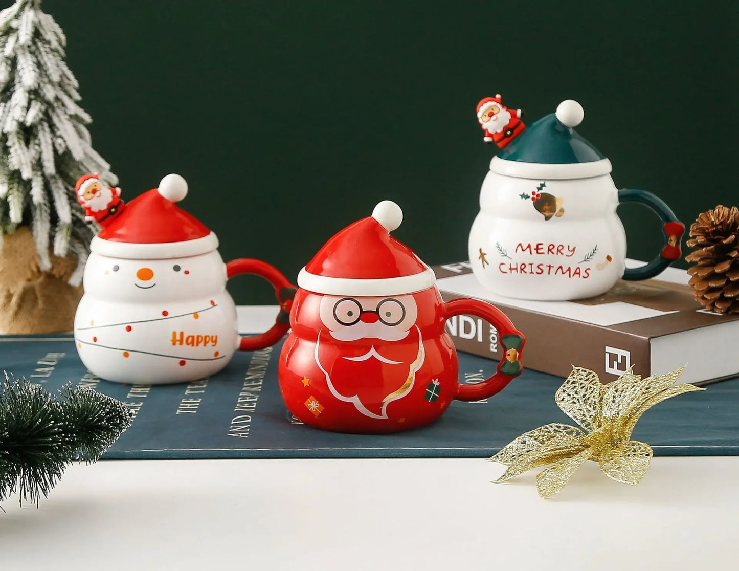 Ceramic Christmas Mug with Lid Spoon Cute Cartoon Coffee Cup New Year - Assembly Detail