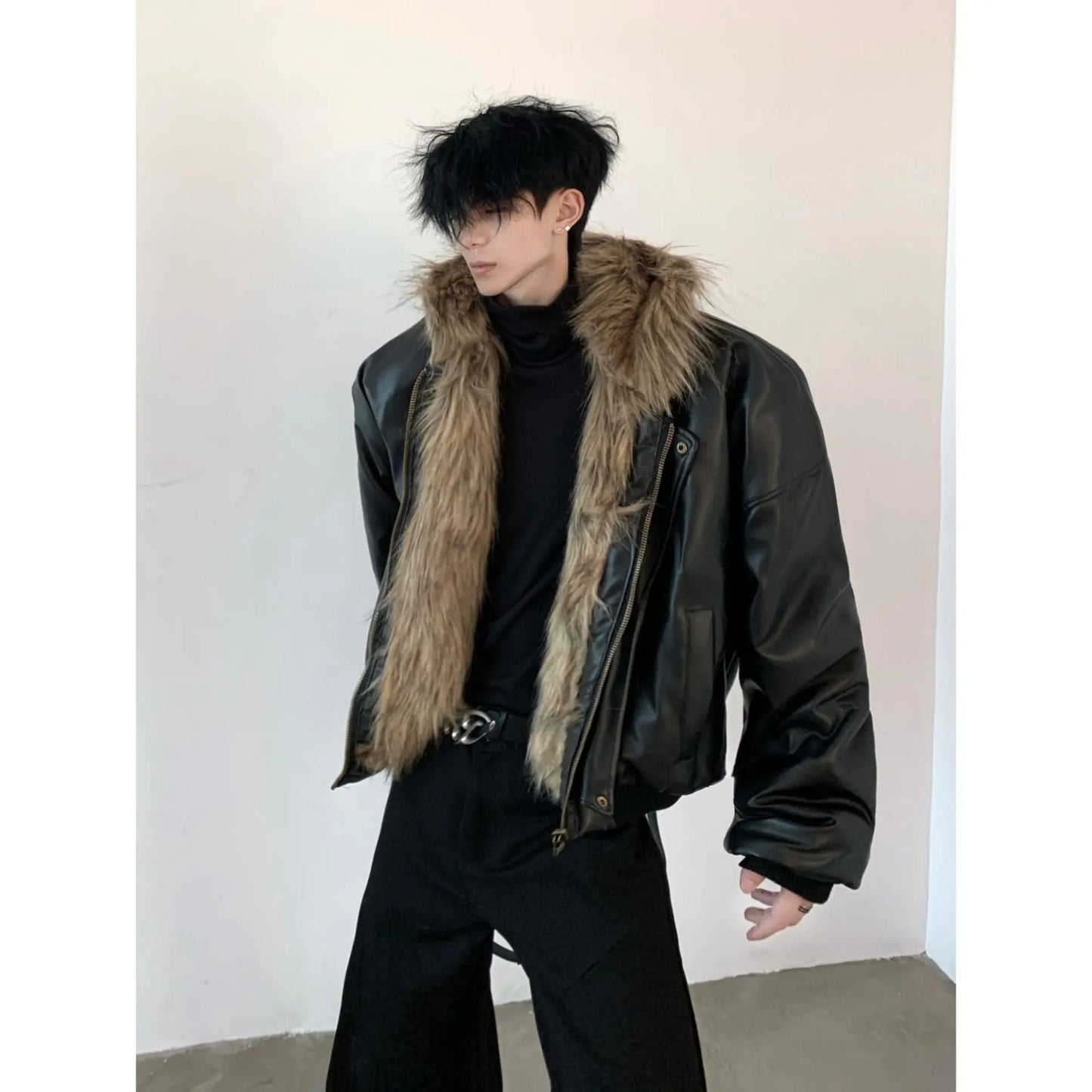 Men Faux Fur Jacket Coat Pu Leather 2025 Winter Thick Warm Outerwear Spliced Hoo - View 4